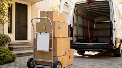 Sealed moving boxes on a hand truck beside an open, unbranded moving van, with a blank checklist and colored inventory tags.