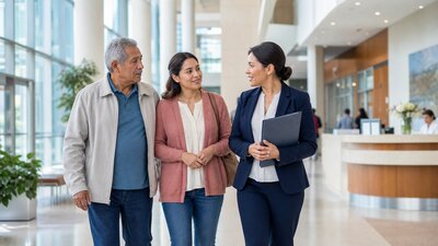 Older man and adult daughter walking with a patient financial counselor through a bright hospital atrium.