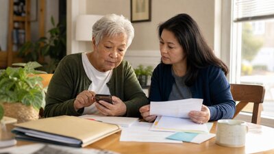 Older adult and adult child reviewing phone and internet support paperwork at a dining table.