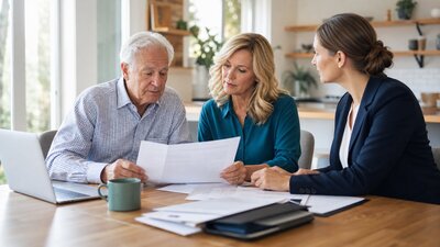 Older adult and adult child reviewing long-term care insurance claim documents with a professional adviser at a kitchen table
