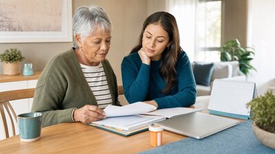 Older adult and adult child reviewing organized Medicare Advantage paperwork at a kitchen table