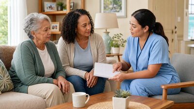Older adult and adult daughter reviewing a home health care schedule with a home health nurse in a living room