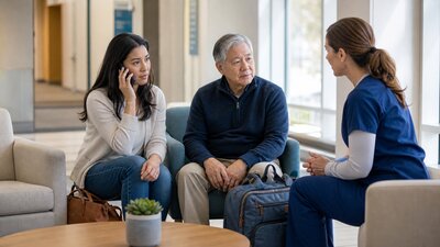 Older man seated beside a packed hospital bag while his adult daughter speaks by phone with a nurse nearby.