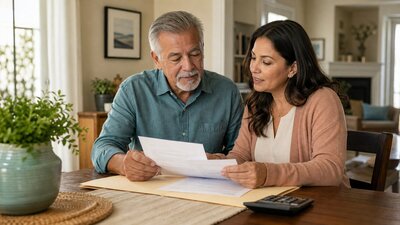 An older man and his adult daughter calmly review Medicare premium paperwork together at a dining table.
