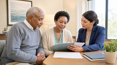 An older adult and an adult child reviewing hospital discharge planning papers with a professional adviser