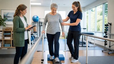 Older adult practicing balance with a physical therapist while an adult child takes notes in a bright outpatient therapy clinic