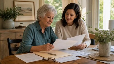 An older woman and her adult daughter calmly organize employer health coverage paperwork together at a dining table.