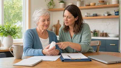 Older woman and adult daughter reviewing a prescription bottle and Medicare drug plan paperwork at a kitchen table
