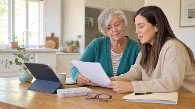 Older adult and adult daughter reviewing Medicare cost assistance paperwork together at a kitchen table