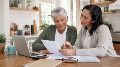 Older adult and adult child reviewing Medicare paperwork together at a kitchen table.