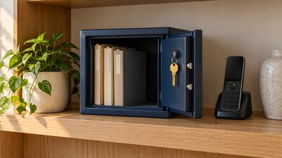An open home document safe holding blank-tabbed folders, with a brass house key on its door and an unbranded telephone beside it.