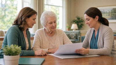 An older nursing home resident reviews transfer and discharge paperwork with her daughter and a care professional.