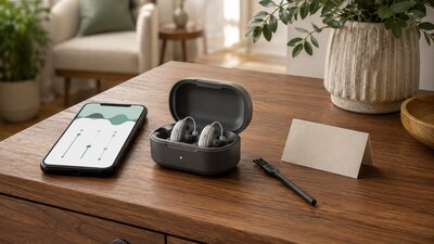 A pair of over-the-counter hearing aids in an open charging case beside a smartphone with adjustment sliders and a cleaning brush, with no people present.