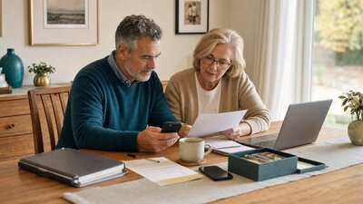 Adult family members reviewing a smartphone, laptop, and organized estate papers at a calm home dining table after a parent dies