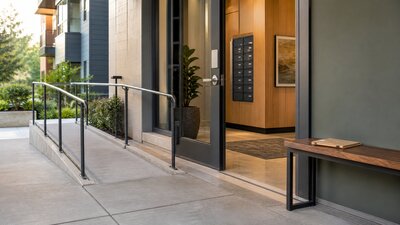 An accessible apartment entry with a low-profile ramp, lever handle, automatic door opener, bench, and blank request folder, with no people present.