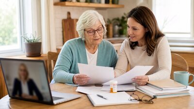Older adult and adult child reviewing Medicare papers at a kitchen table during a video counseling call.