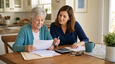 Older adult and adult daughter calmly reviewing an overpayment notice and household budget at a dining table