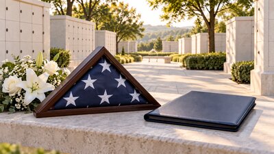 A folded ceremonial American flag in a dark wood display case beside a blank navy service-record folder and white flowers at a sunlit cemetery columbarium, with no people present.